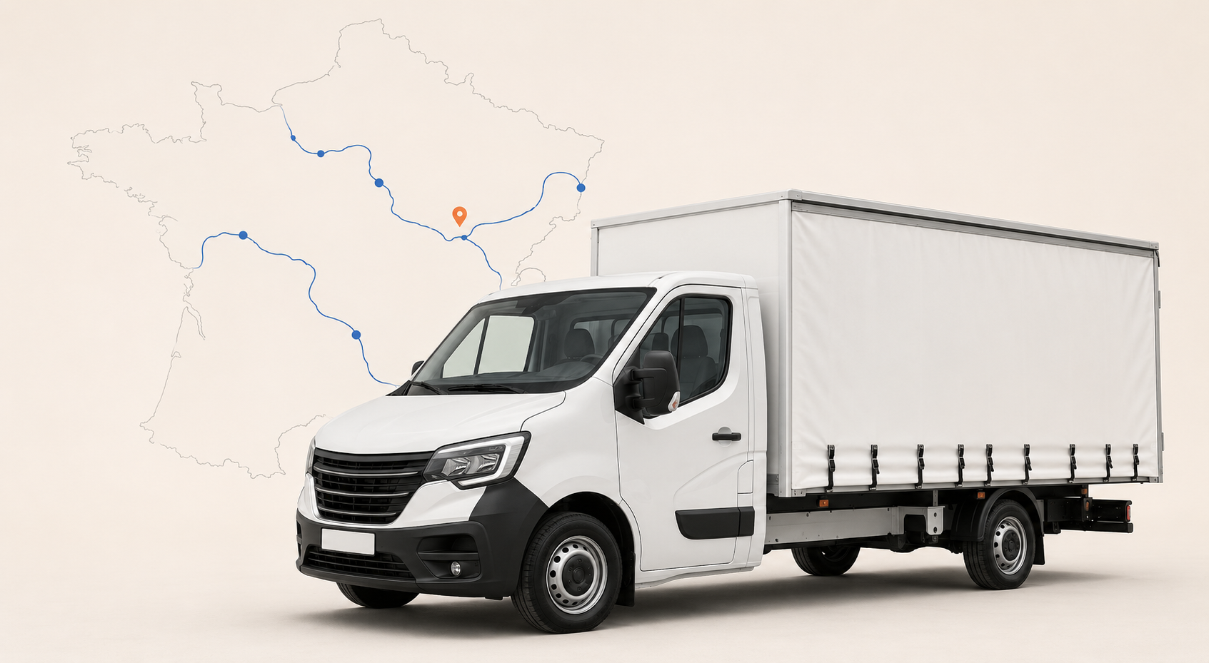 Véhicule utilitaire léger 20 m³ bâché devant une carte de France